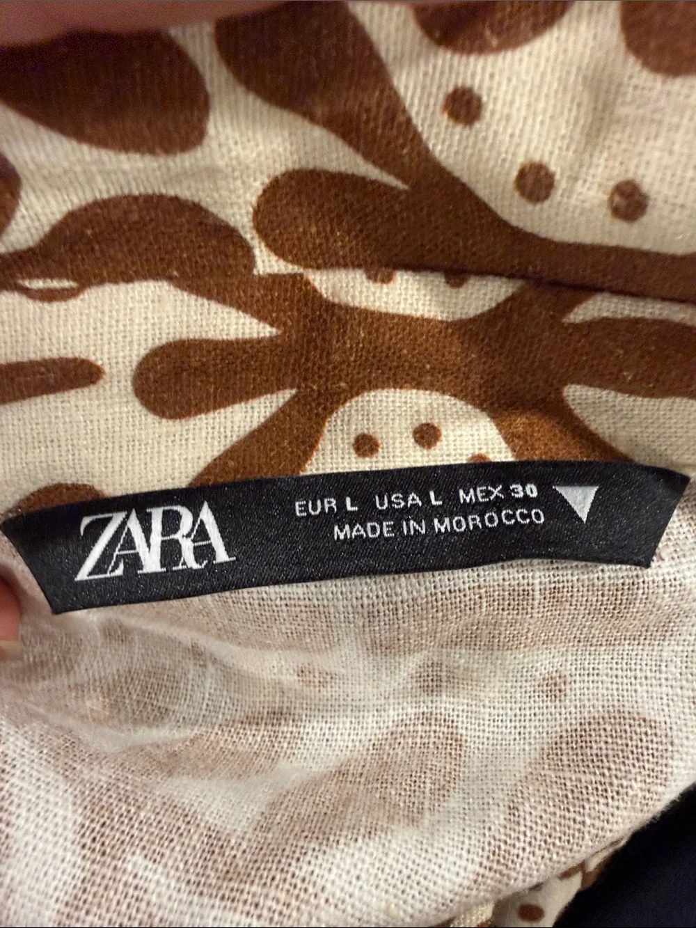 ZARA Aztec Sz L Brown Printed Linen Blend Short-Sleeve Button-Down Tie Waist Top